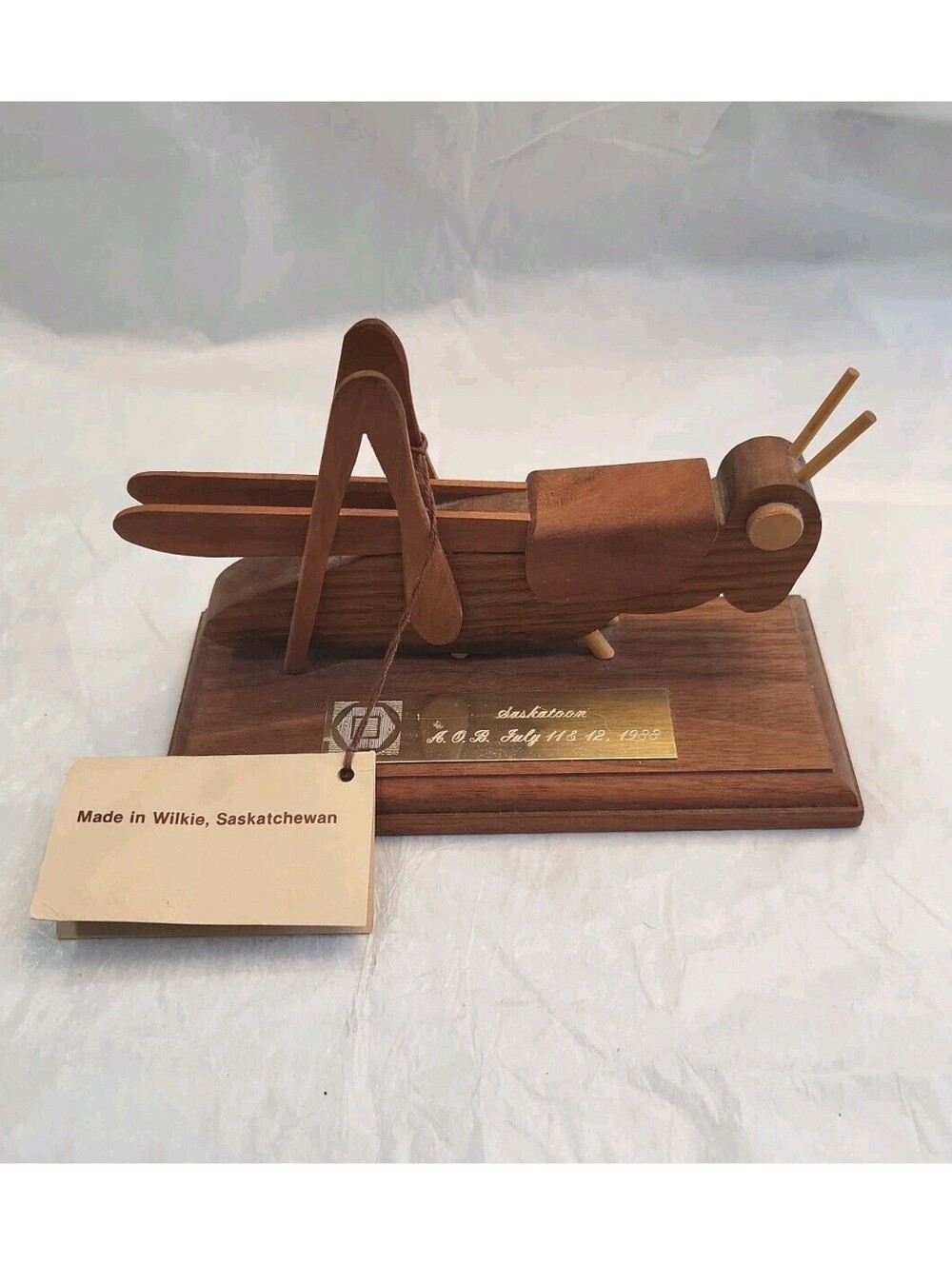 Commemorative VTG Wooden Grasshoper. Wilkie. Saskatchewan. 1988